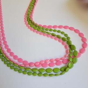 Vintage Watermelon Pink Green Bead Necklace Four Strand Knotted 25 Inch